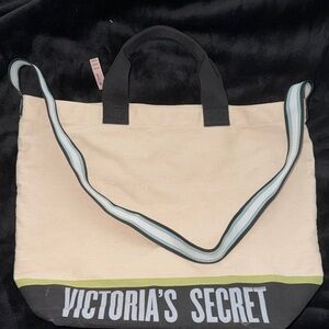 Victoria's Secret Cream Canvas Tote with Black Accents and Blue-Striped Strap